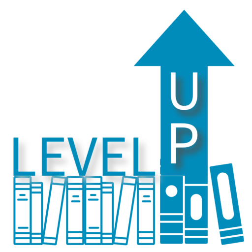 An icon. "Level Up" written on top of books with a arrow pointing up.