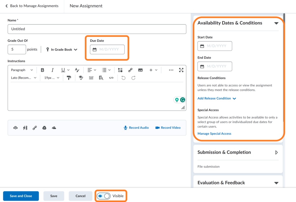 how to create an assignment in brightspace