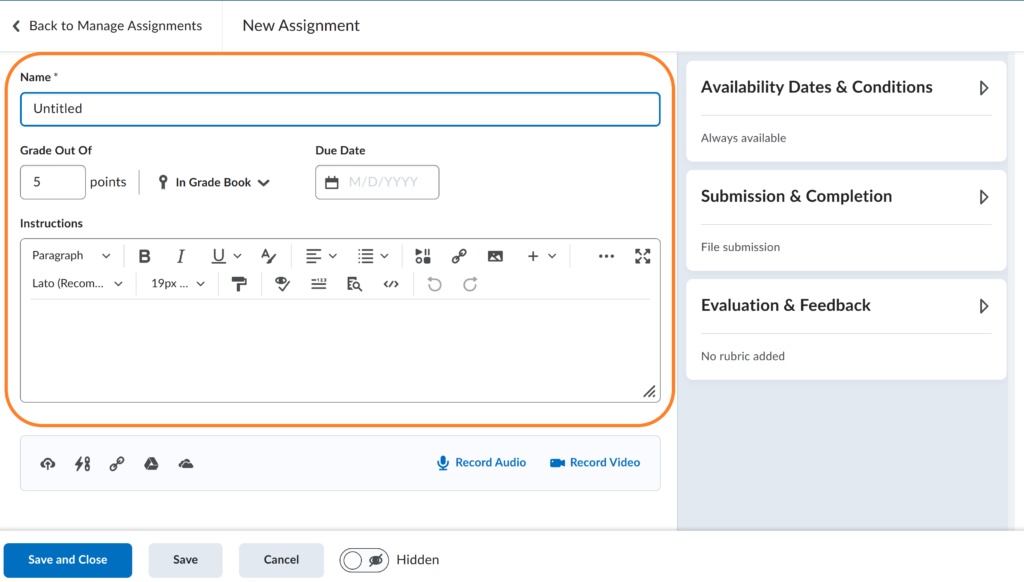 how to create an assignment in brightspace