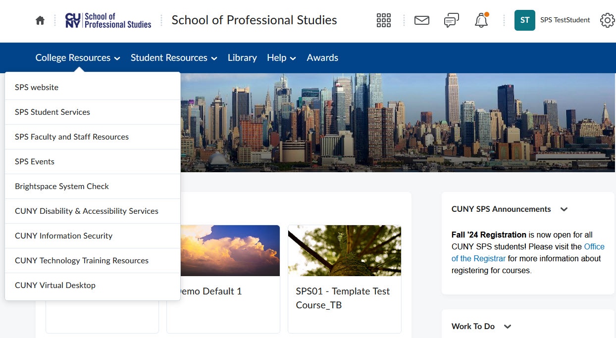 Screenshot of college home navbar with the college resources menu open.