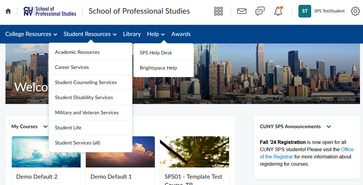 Screenshot of college home navbar with the Student Resources menu open and the Help menu open.