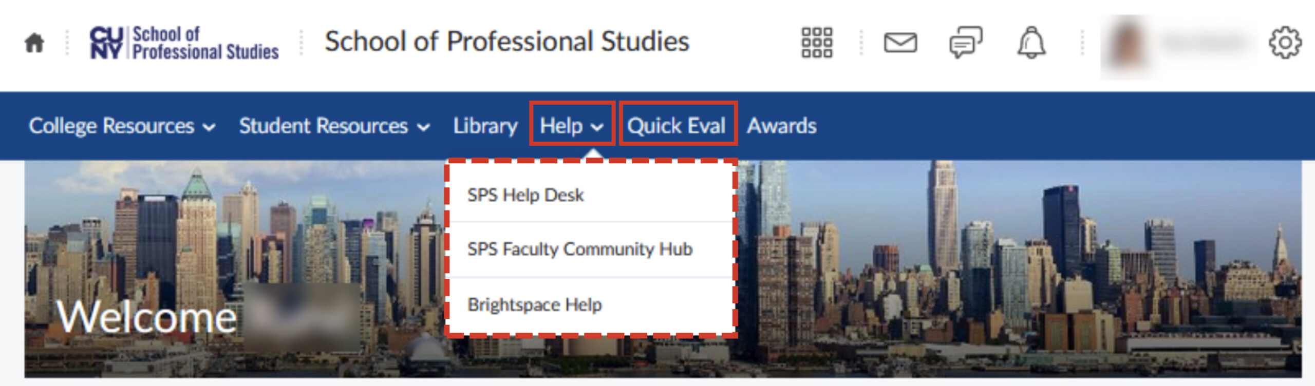 Screenshot of the College Navbar for faculty.  Help and Quick Eval menus are highlighted.