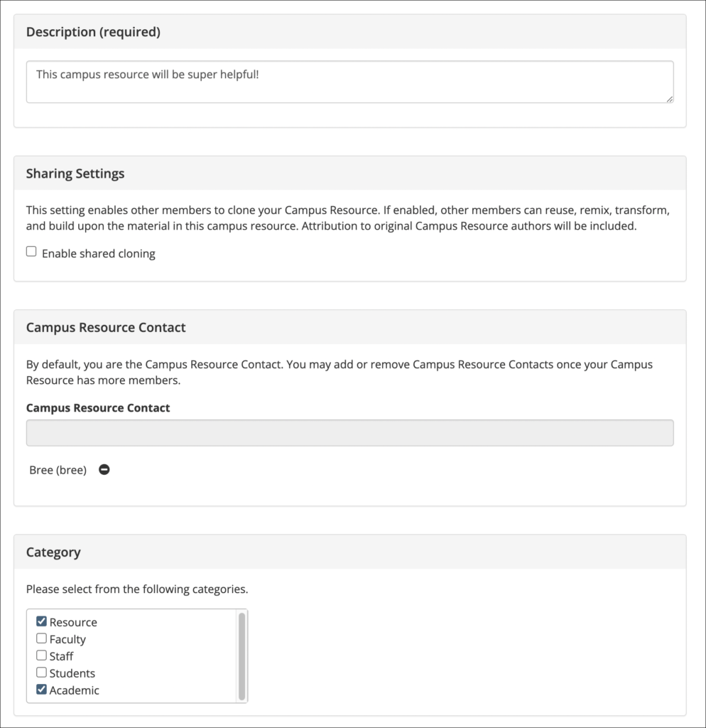Description, Sharing Settings, Contact, and Category sections of the form.