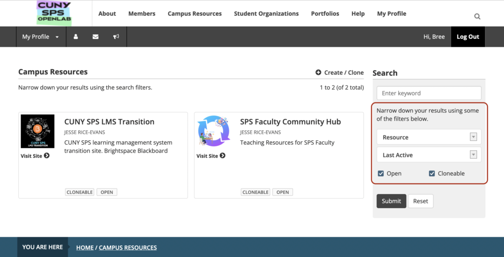 Campus resources search showing the filters to narrow a search by the resource category, and the open, and cloneable badges.
