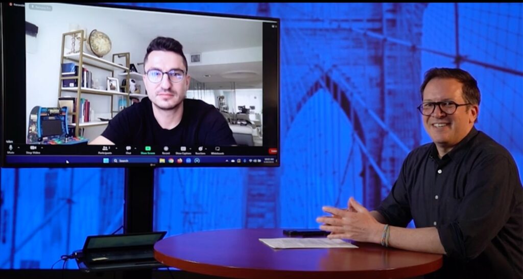 Prof. Kangas (on right) interviews Volen Tsolov (on left) for IS 325 Intro to Blockchain