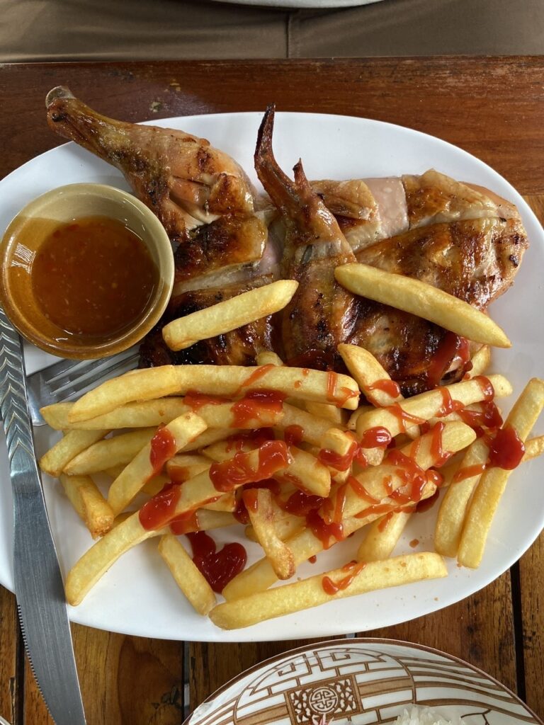 Photos of fries with sauce and a coastal view.