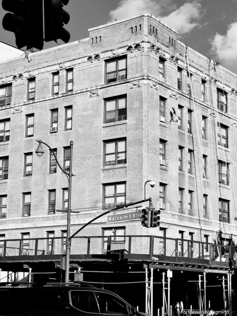 Photos of a city at night, mini sand dunes, a vibrant sunset, central park greenery, and a black and white photo of an NYC building.