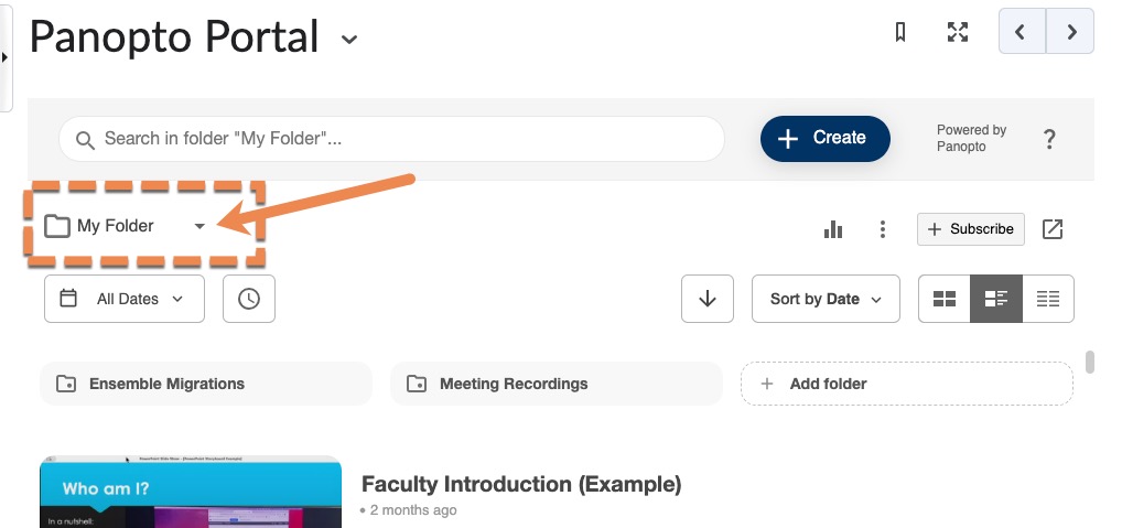 Screenshot, the panopto portal page with an orange box around the folder selection area.
