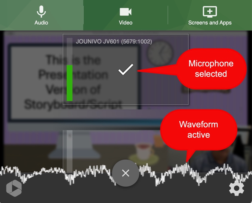 screenshot showing microphone selected and the waveform active.