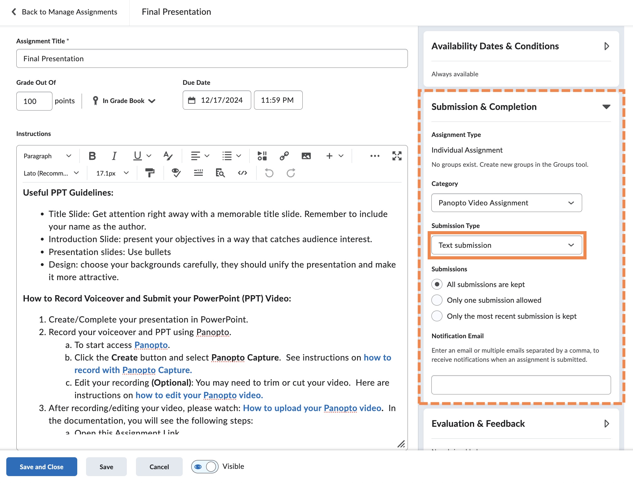 Screenshot of an assignment example, called "Final Presentation". The Submission & Completion accordian is fully expanded and highlighted, with the Submission Type - Text Submission highlighted.