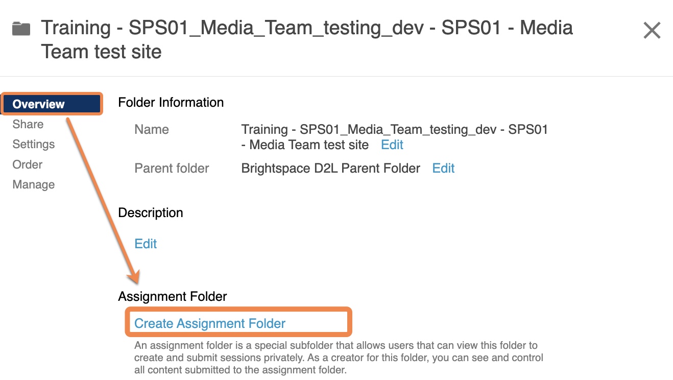 Screenshot of the Panopto folder settings. A highlight on the Overview tab with an arrow pointing towards the Create Assignment Folder link which is also highlighted with a box. 