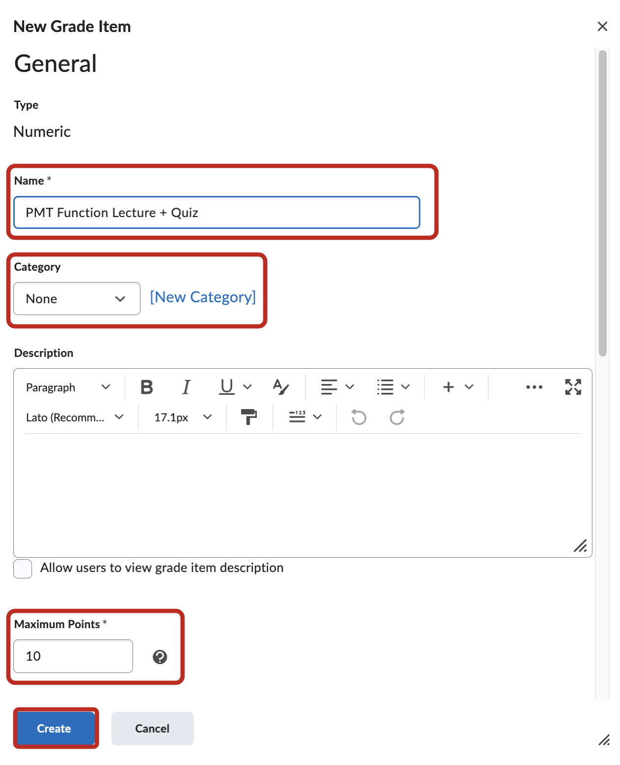 New Grade Item window. On it, the fields for Name, Category, and Maximum Points are both highlighted by red boxes, as is the Create button. 