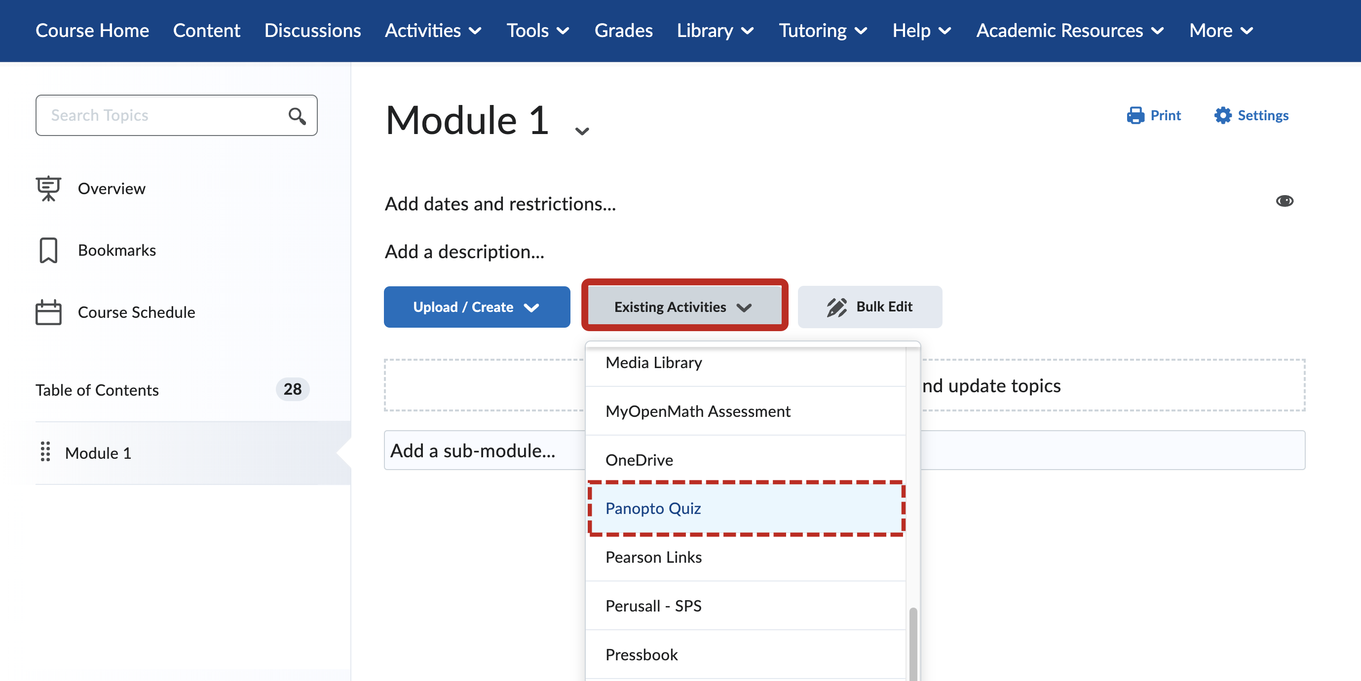 The Existing Activities drop-down menu on Brightspace. On it, both Existing Activities and Panopto Quiz are highlighted by a red box.