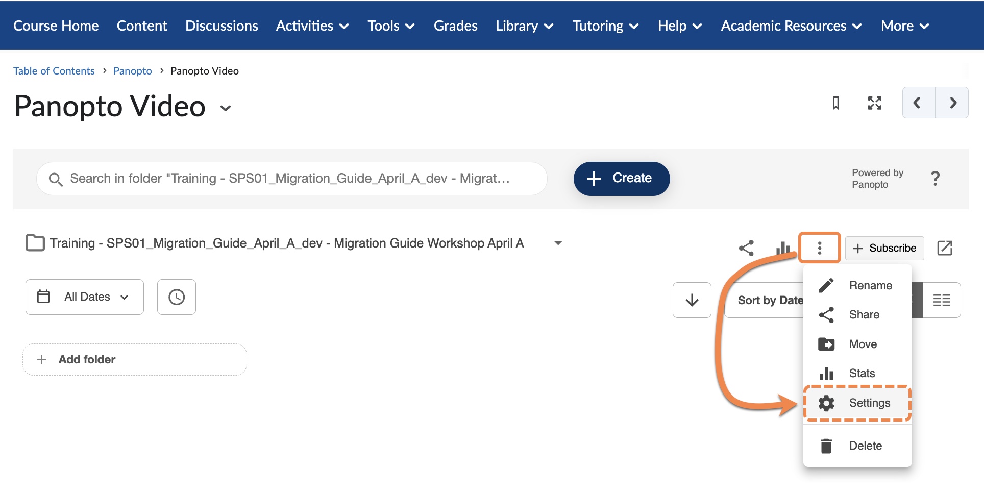 Screenshot of Panopto Portal launched with the More Actions icon highlighted with an arrow pointing to the Settings, which is also highlighted. 