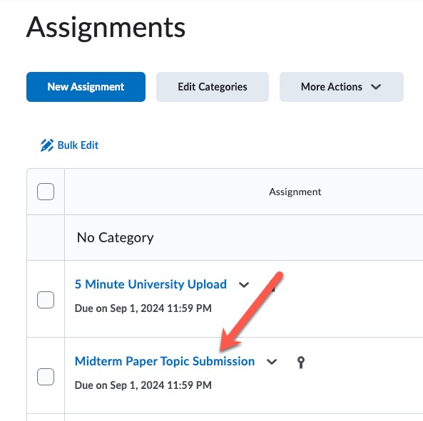 screenshot of the assignments page a red arrow points to one of the assignments.