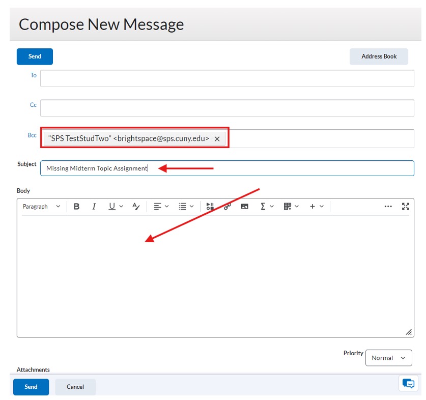 Screenshot of the email window a red arrow points to the content editor and a highlight is around the names in the BCC field.