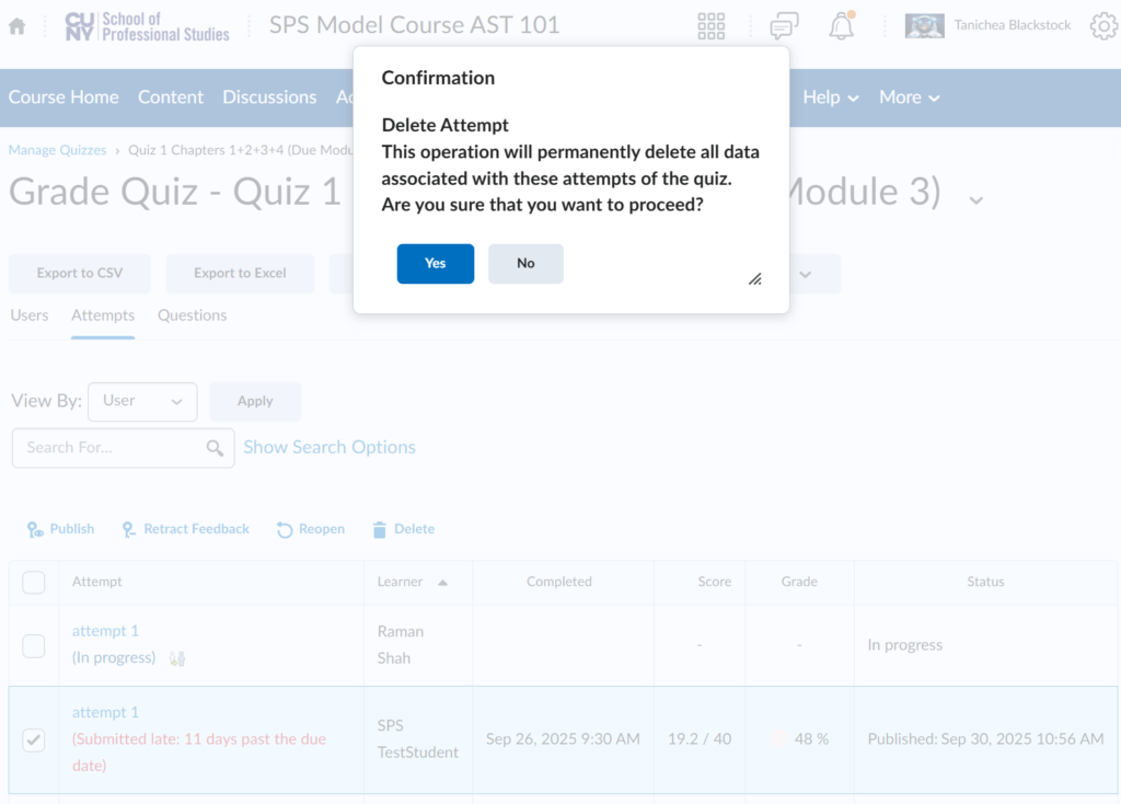 Screenshot of confirmation page. Click yes to confirm the deletion attempt.