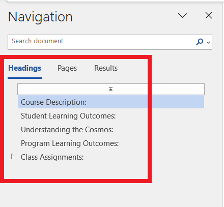 A close up on a Word Document's navigation pane window showing the document's heading structure.