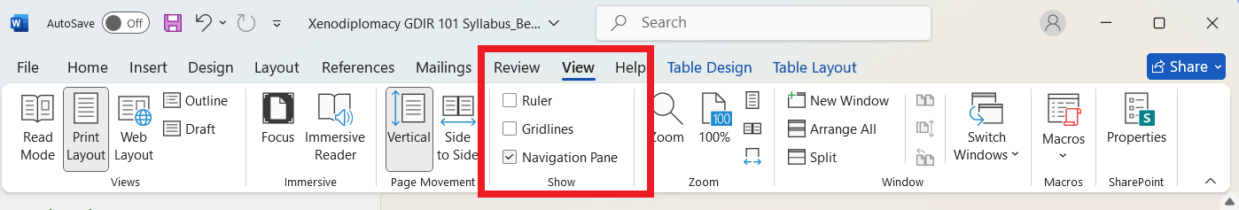 A Word document's "View" menu toolbar. A red box is highlighting the option to show the Navigation Pane