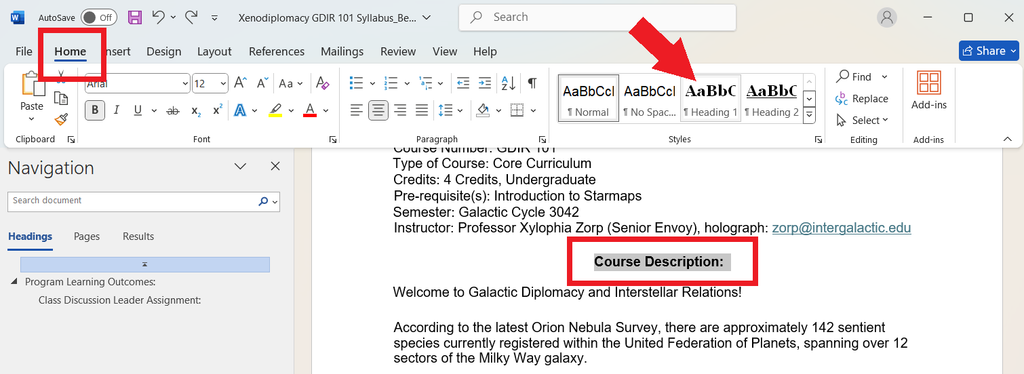 A Word document's "Home" bar menu with a red arrow pointing to the Heading Style 1. Text in the document is highlighted, having applied the heading level 1 style.