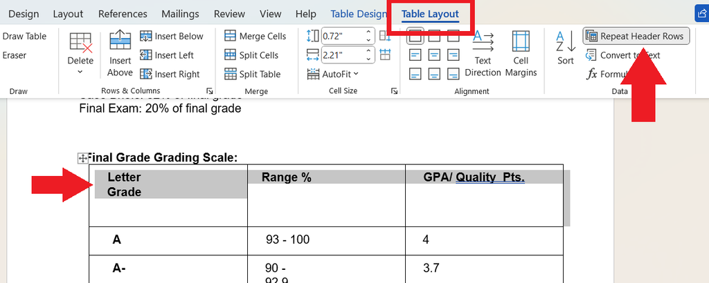 A Word document's "Table Layout" window with a red arrow pointing to the option "Repeat Header Row." In document the first row of a table has been selected with a red arrow pointing to the first row