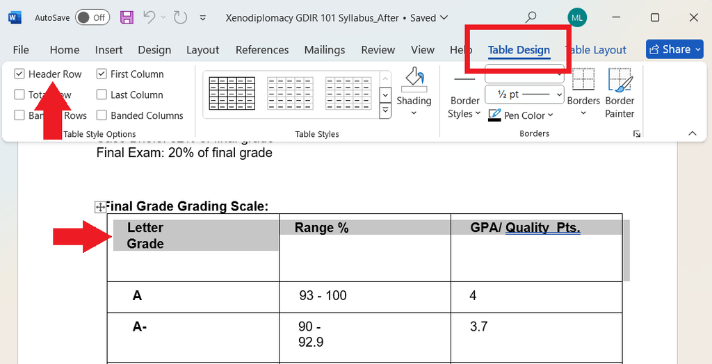 A Word document's "Table Design" window with a red arrow pointing to the table style "Header Row" is checked. In document the first row of a table has been selected with a red arrow pointing to the first row