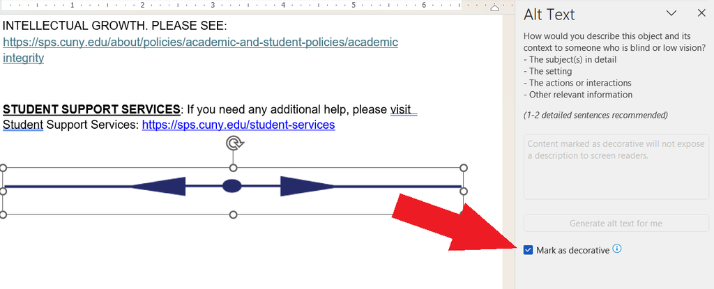 A Word document's "Alt Text" pane is open. A decorative image has been selected in the document and a red arrow points to the option to "Mark as Decorative"