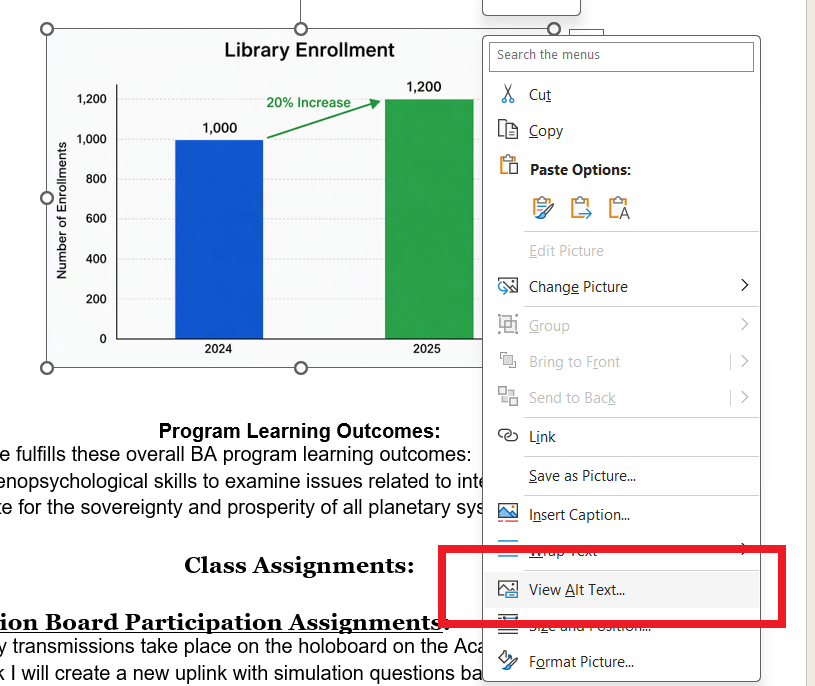 A Word document with a bar chart. the "Right Click" menu is showing with the option to "View Alt Text..." highlighted