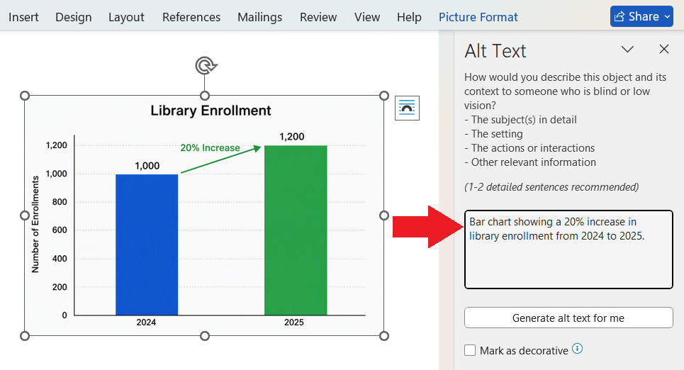 A word document's "Alt Text" pane is open on the right. A red arrow is pointing to the text box to enter alt text.