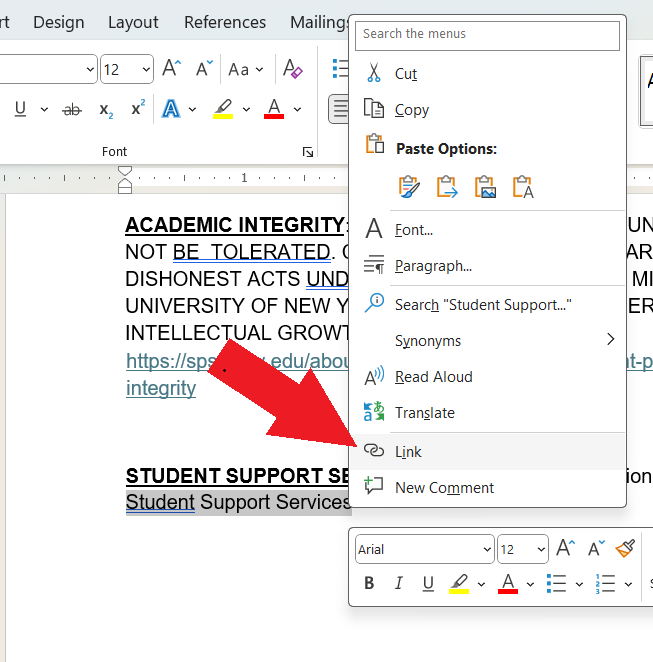 A Word document with text selected. On the text we see the right-click menu items. A red arrow is pointing to the "Link" option.