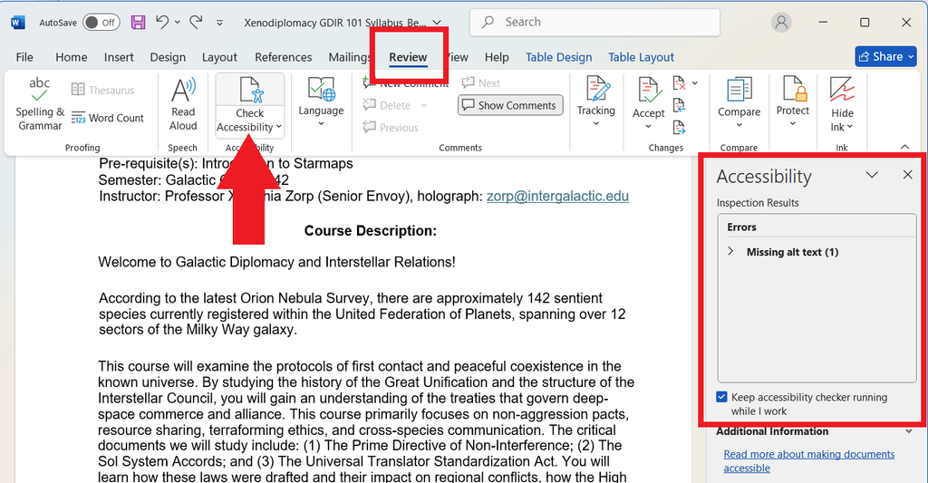 A Word document's "Review" menu toolbar with a red arrow pointing to the "Check Accessibility" button. On the right the Accessibility pane is open with a message to check different errors in the document.