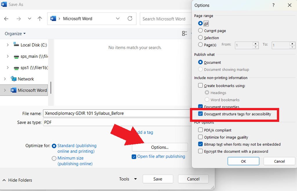 A Word document's save as window with a red arrow pointing to the Options button. Next to it is the options window with a red box around the option, "Document Structure Tags for accessibility"