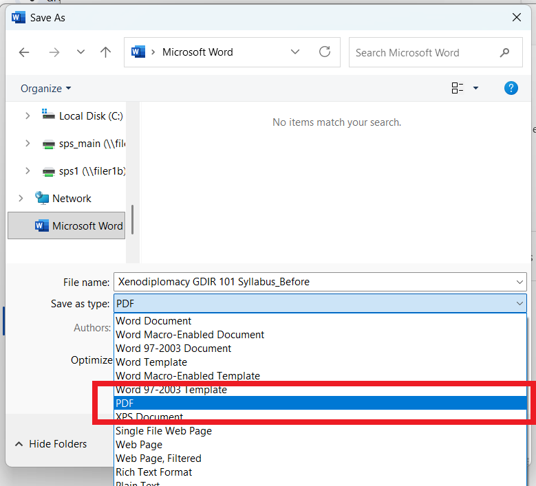 A Word document's "Save As" menu showing the option to save as a "PDF"