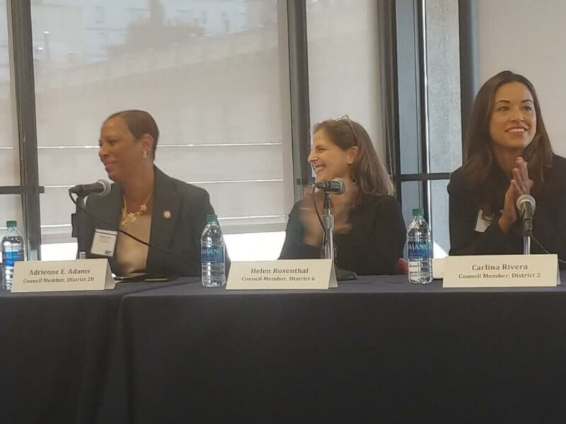 A photo of three panelists at the Women's Leadership Conference. Left to right: Council Member, Adrienne E. Adams, Council Member Helen Rosenthal, and Council Member Carlina Rivera.