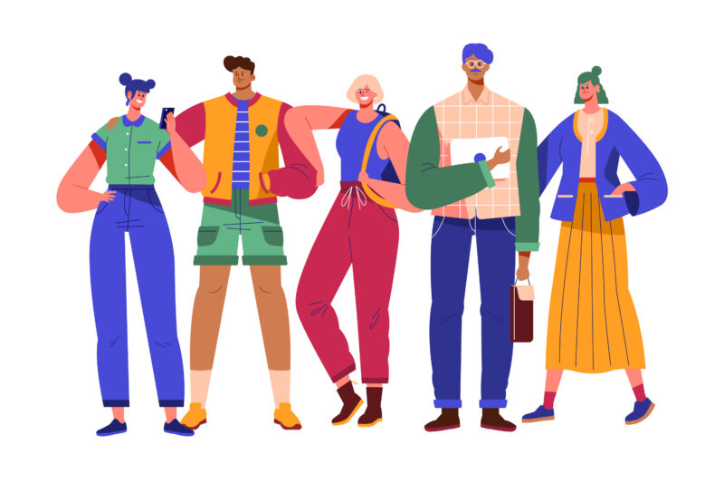 A stock illustration of five college students in colorful outfits with long limbs and small heads.