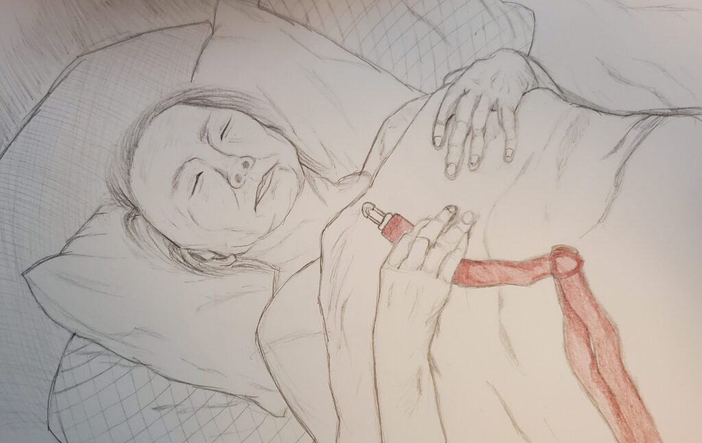 Eneris in bed holding red suspenders