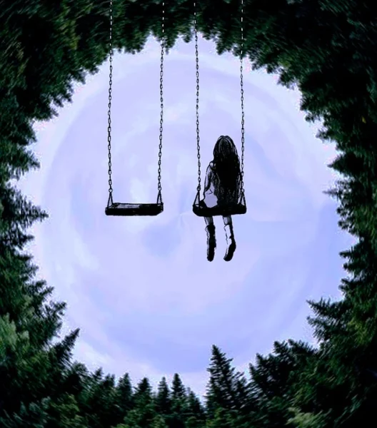 An illustration of a girl on the swings next to an empty swing surrounded by pine trees in a circle.