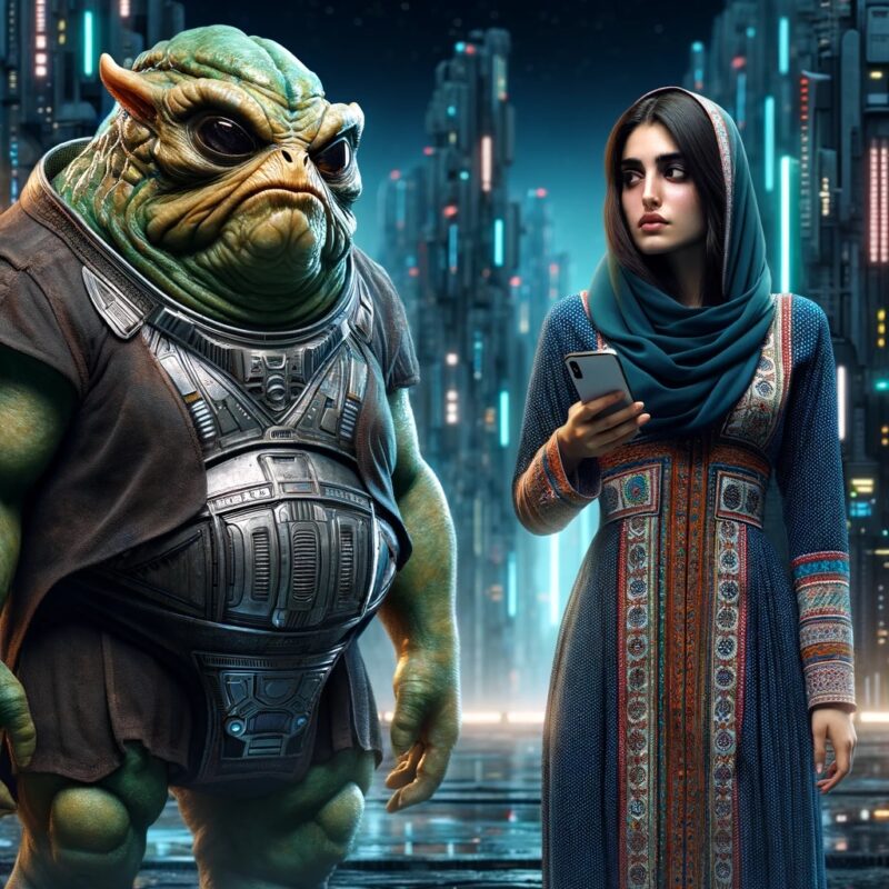 An AI image featuring a Vogon from "Hitchhiker's Guide to the Galaxy" and an Iranian woman using Twitter on her phone.