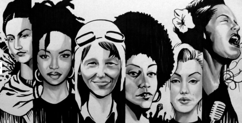 A black and white illustration of famous women in history, including Amelia Earhart and Frida Kahlo.