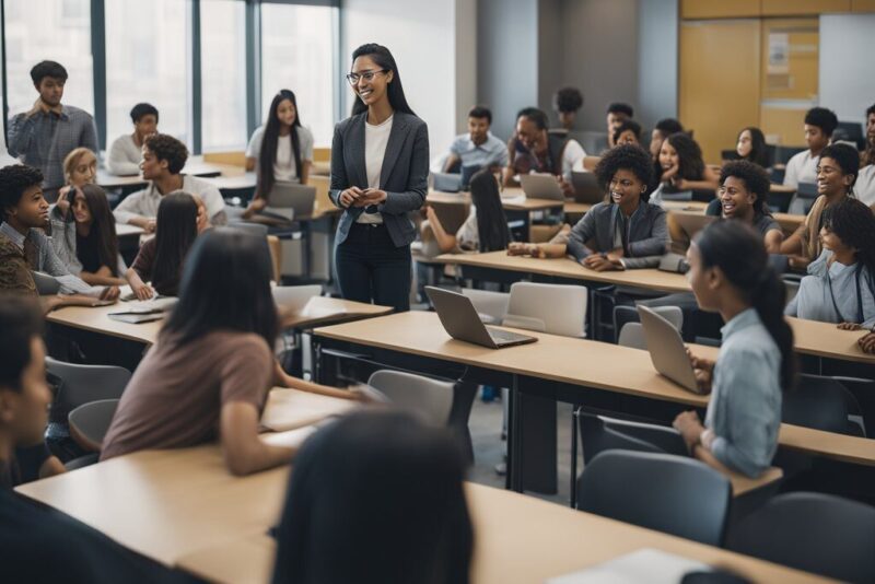 An AI image resembling a stock photo of a college classroom with a teacher smiling at students with laptops.