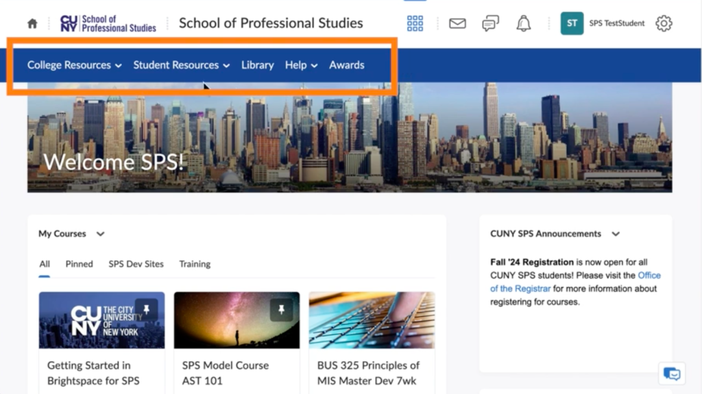 A screenshot of the Brightspace interface highlighting the top menu with student resources and other features.