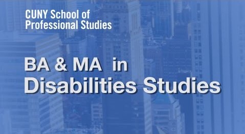 A graphic for the CUNY SPS BA & MA in Disabilities Studies with the New York City skyline in the background in blue.