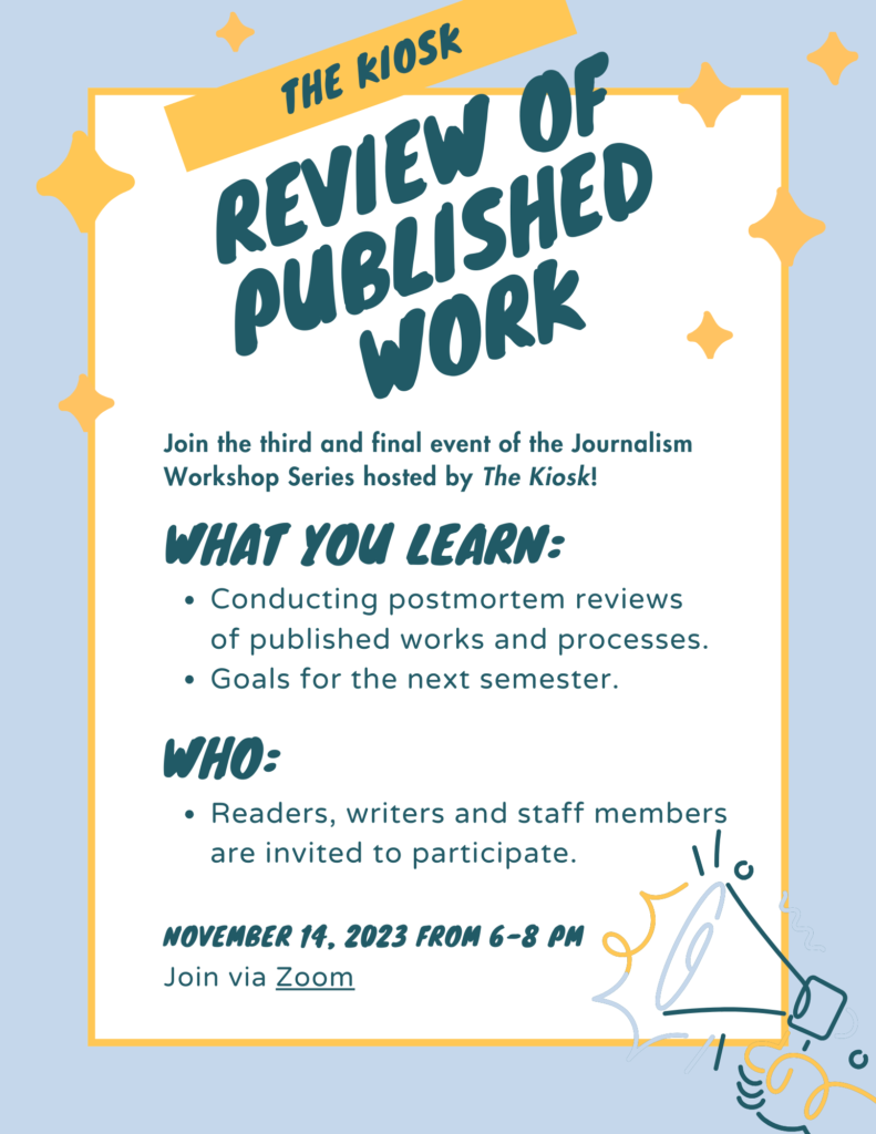 A poster for The Kiosk's journalism workshop, "Review of Published Work" with sparkles on a light blue background.