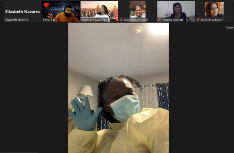 A Zoom screenshot of the CUNY SPS virtual Halloween party with one student dressed as a nurse.