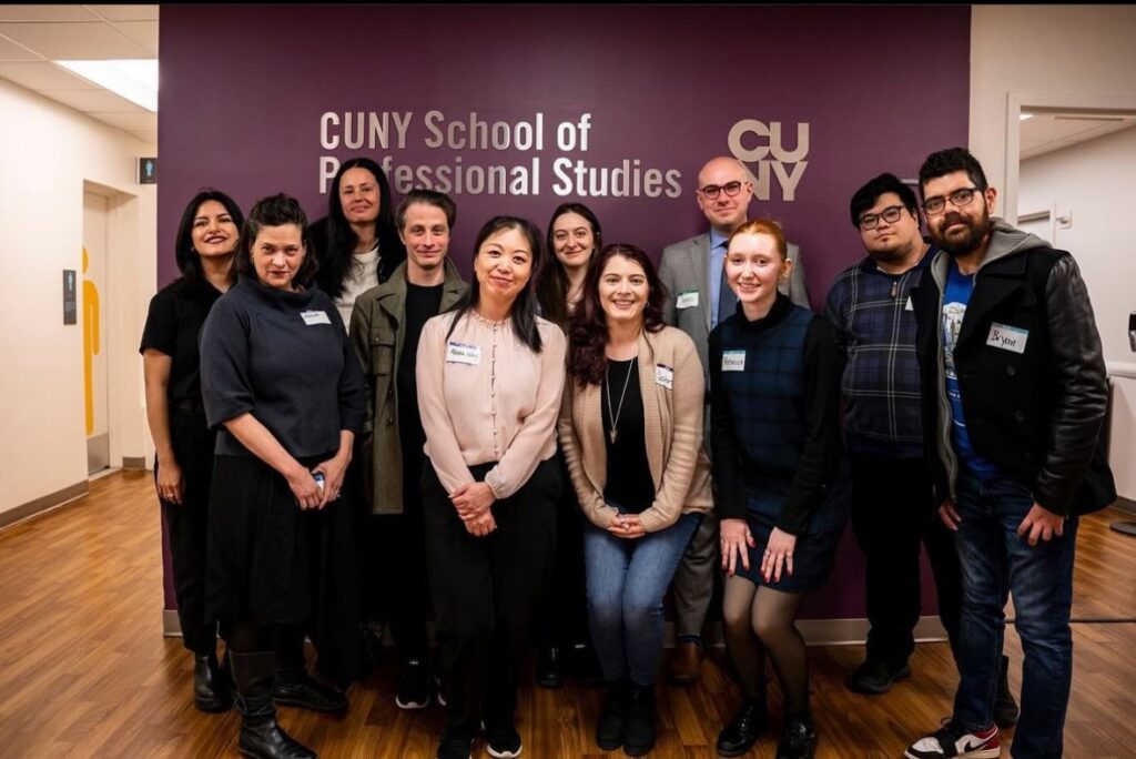 A group photo of the Museum Studies Club with academic advisors in front of the CUNY SPS logo.
