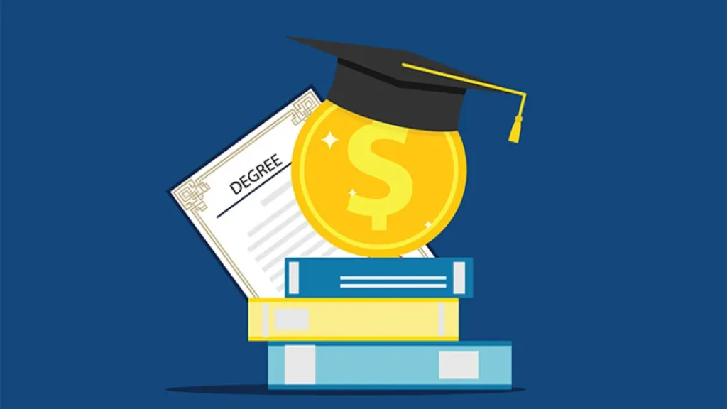 A graphic showing a gold coin wearing a grad cap on a pile of books with a degree behind, on a blue background.