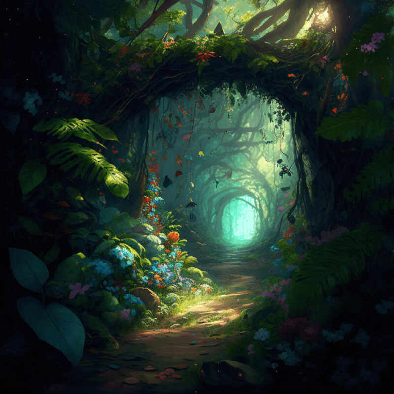 A digital illustration of a magical forest path surrounded by branches, leaves, and flowers.
