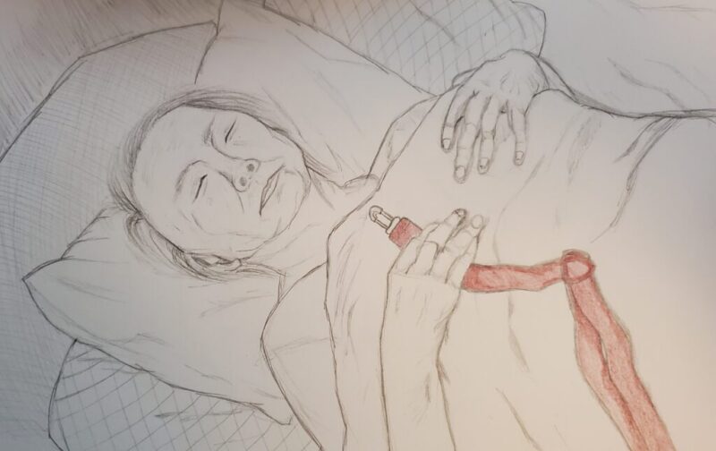 A pencil drawing of a woman laying in bed holding red suspenders.