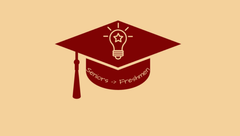 A graphic of a college grad cap with the sign, "Seniors -> Freshmen" and a lightbulb.