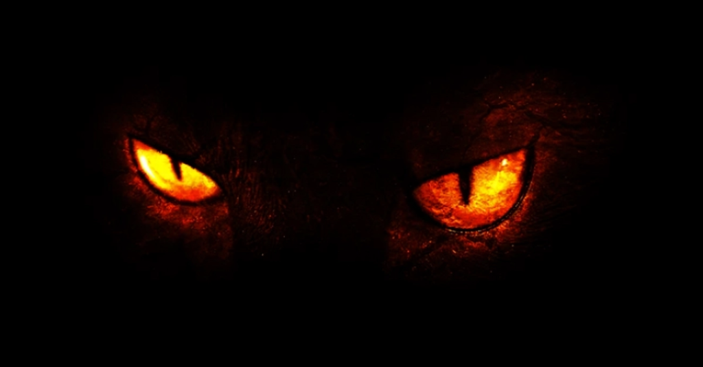 An illustration of a cat's eyes glowing in the dark.